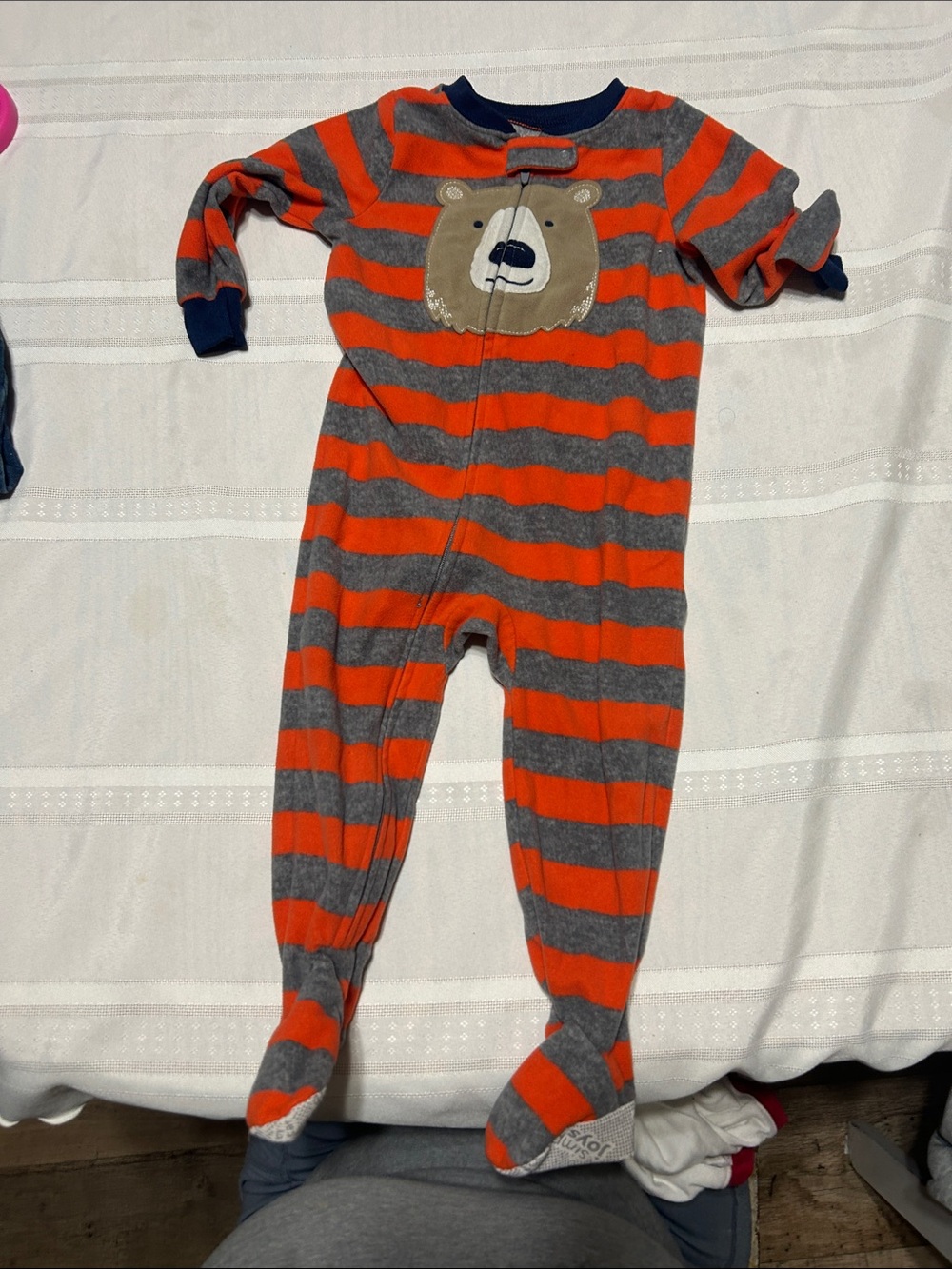 Carter's Orange & Gray Striped Footed One-Piece with Bear